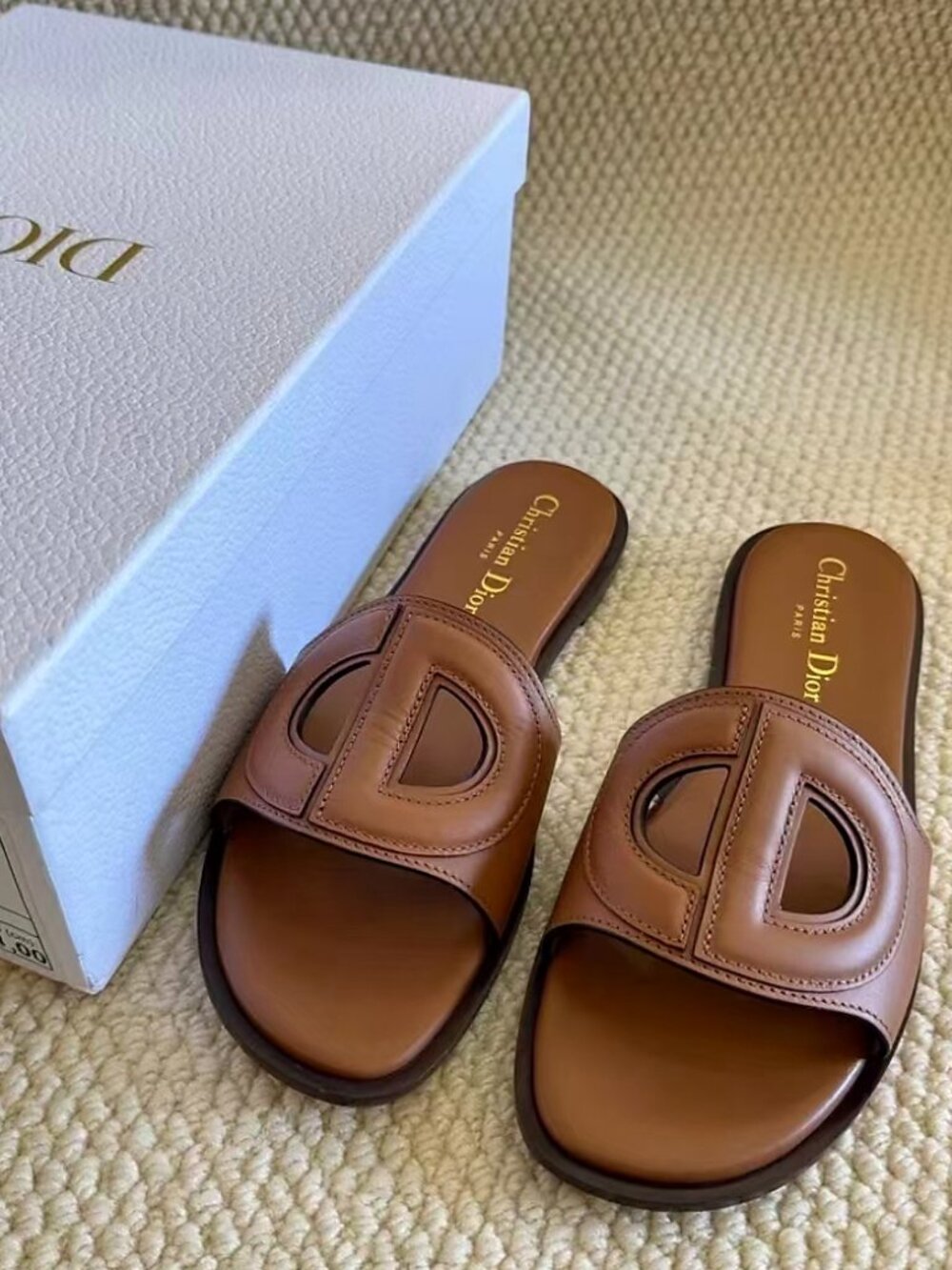 Dior D-Club Tan Leather Slip On Slides
